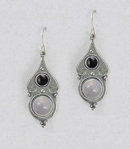 Sterling Silver Rainbow Moonstone And Black Onyx Gemstone Drop Dangle Earrings